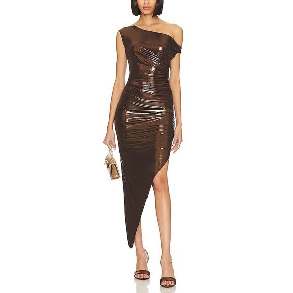 Norma Kamali Dresses & Skirts - Norma Kamali Brown Drop Off Shoulder Side Drape Hi Lo Gown Size XS